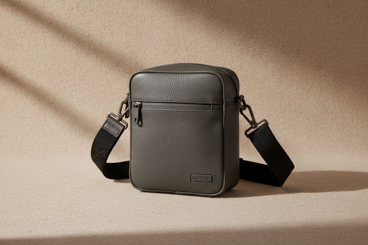 Stylish mini shoulder bag on soft beige background for man 